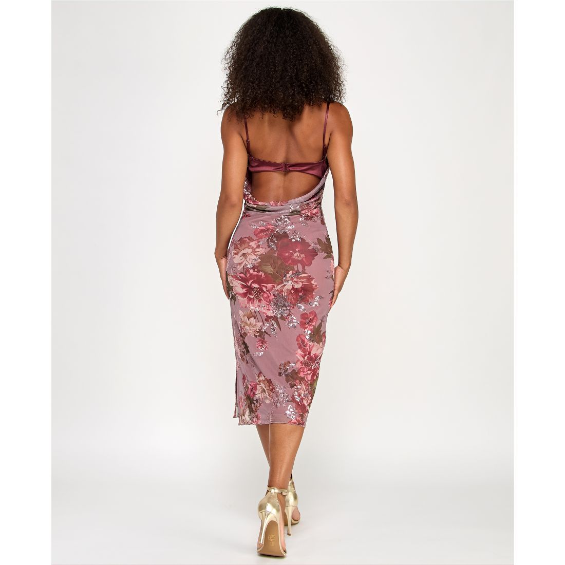 Katia Rae Juniors' Floral Sequined Lace-Trim Midi Dress - Mauve/ Blush