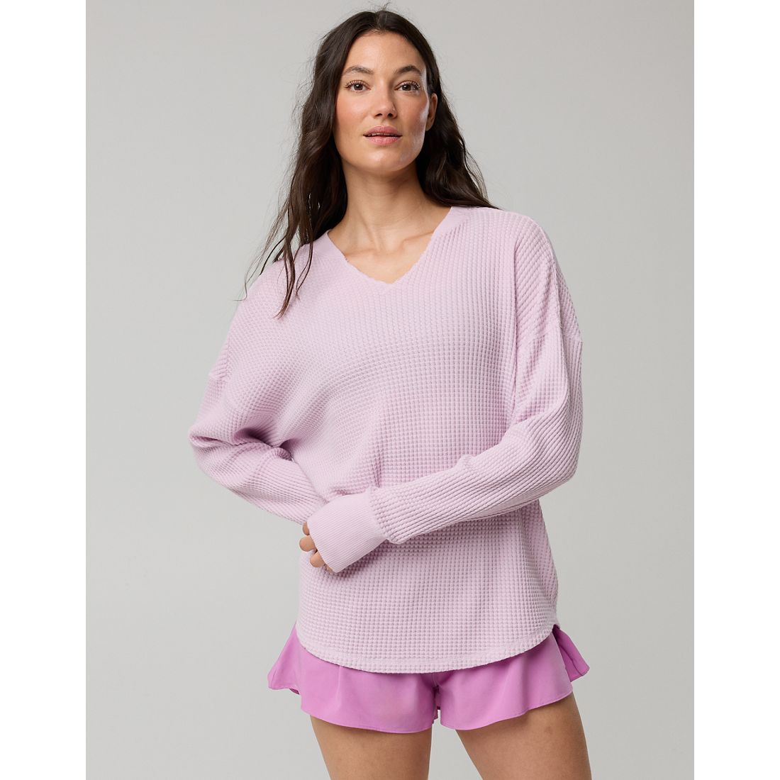 Wow! Waffle Notch Neck Long Sleeve T-Shirt