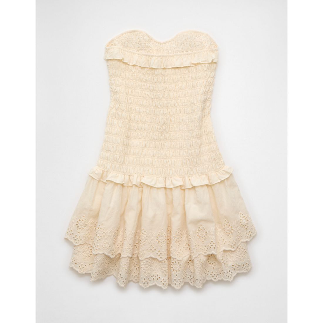 AE Strapless Smocked Ruffle Drop Waist Mini Dress