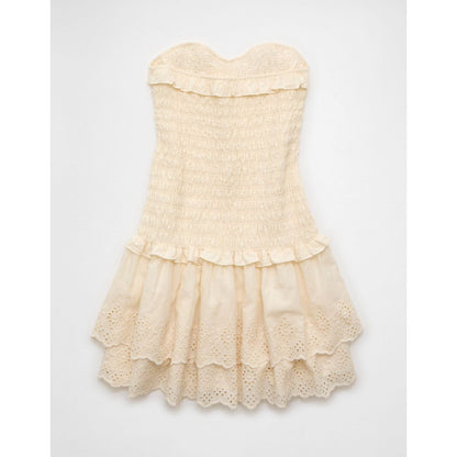 AE Strapless Smocked Ruffle Drop Waist Mini Dress