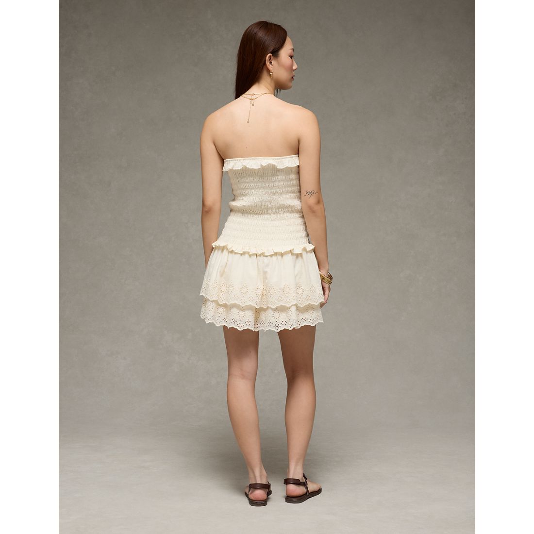 AE Strapless Smocked Ruffle Drop Waist Mini Dress