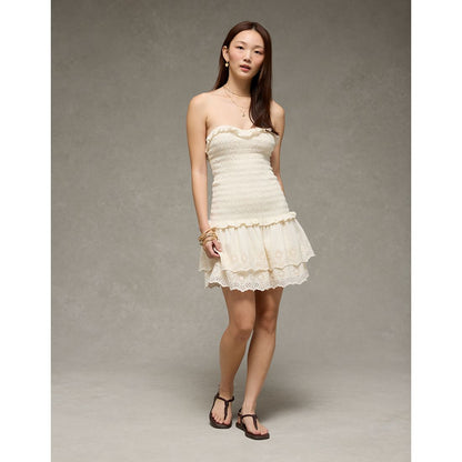 AE Strapless Smocked Ruffle Drop Waist Mini Dress