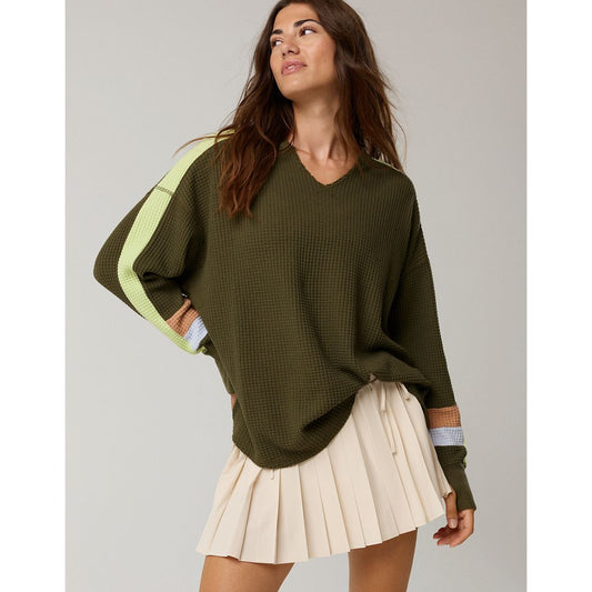 Wow! Waffle Notch Neck Long Sleeve T-Shirt