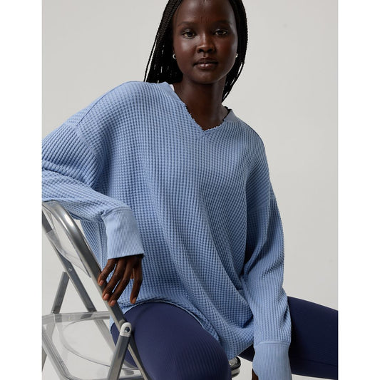 Wow! Waffle Notch Neck Long Sleeve T-Shirt