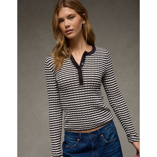 AE Pointelle Henley Sweater Top