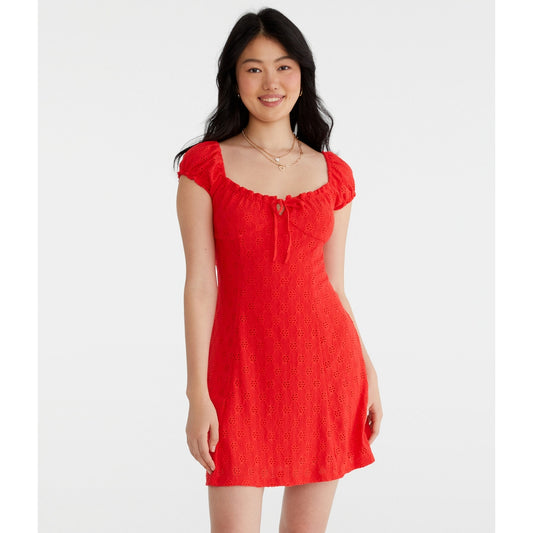 Aeropostale Womens' Solid Scoop-Neck Eyelet Empire Mini Dress