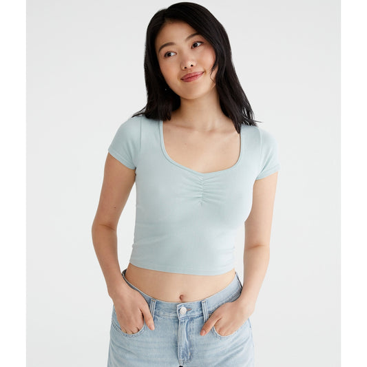 Aeropostale Womens' Buttery Soft Washed Cropped Cinch-Front Tee