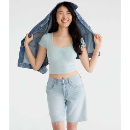 Aeropostale Womens' Buttery Soft Washed Cropped Cinch-Front Tee