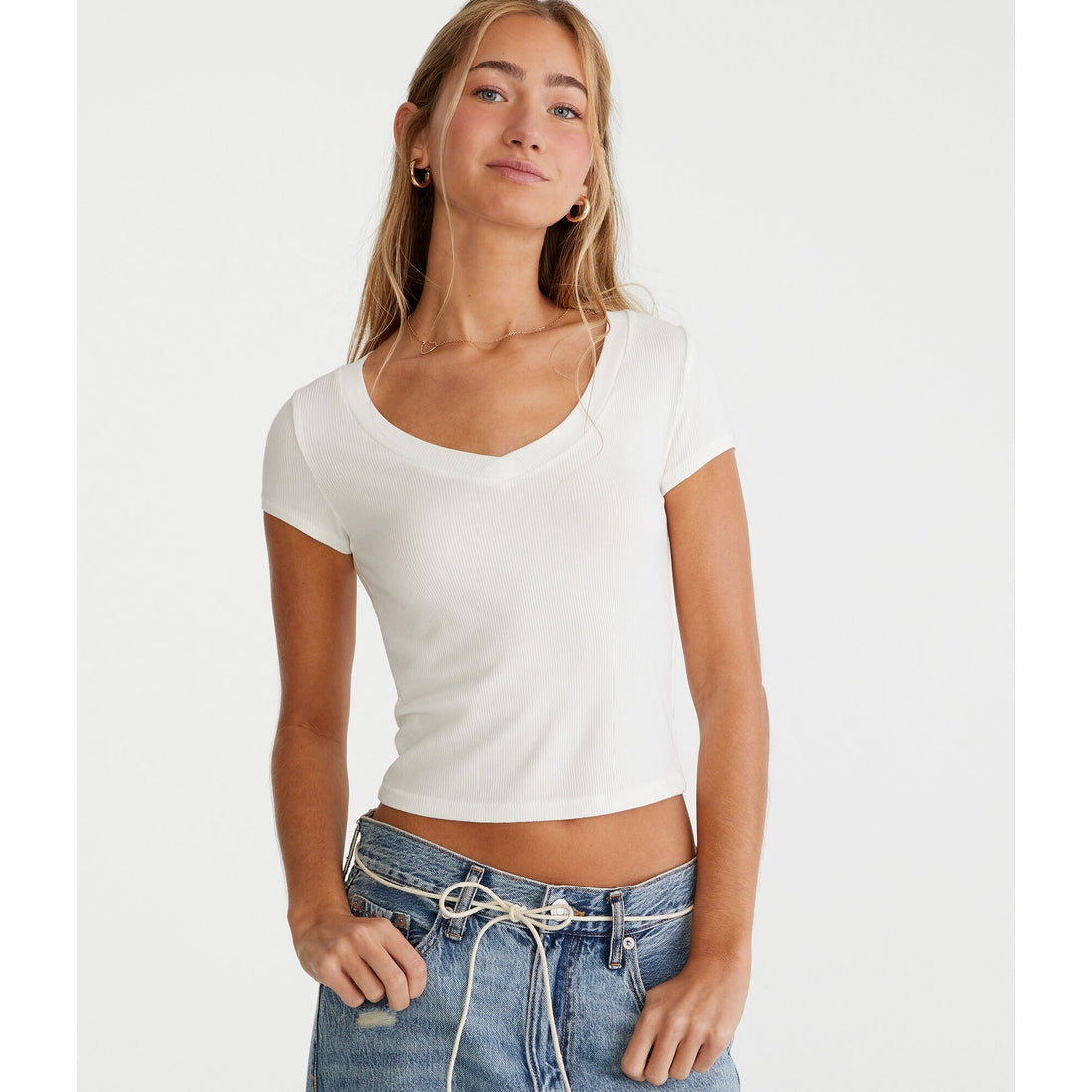 Aeropostale Womens' Seriously Soft Ribbed V-Neck Baby Tee