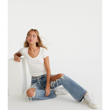 Aeropostale Womens' Seriously Soft Ribbed V-Neck Baby Tee