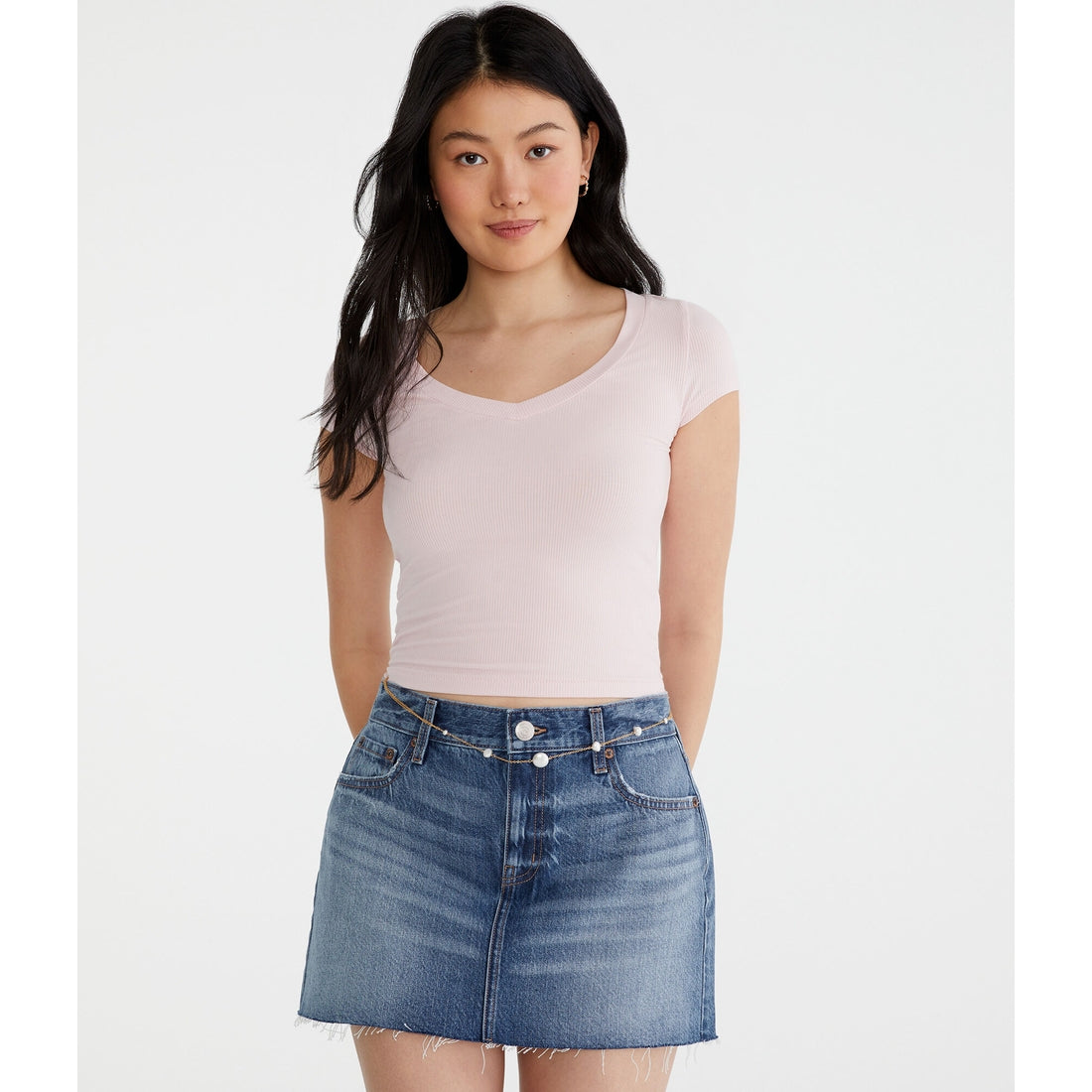 Aeropostale Womens' Seriously Soft Ribbed V-Neck Baby Tee