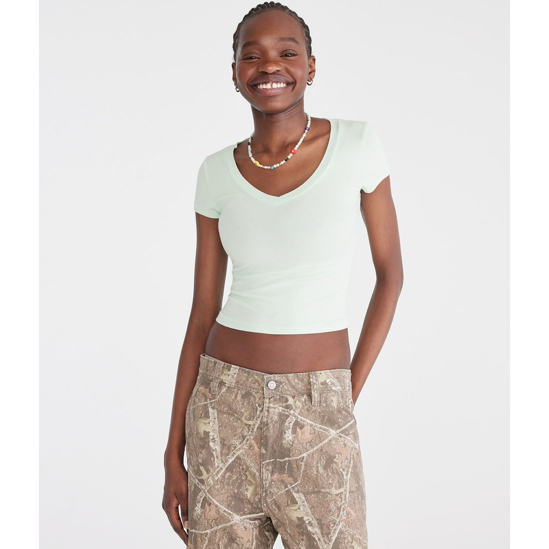 Aeropostale Womens' Seriously Soft Ribbed V-Neck Baby Tee