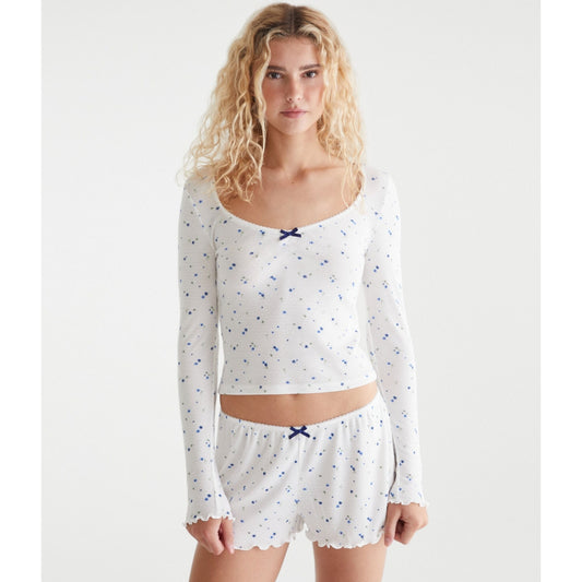 Aeropostale Womens' Long Sleeve Printed Cropped Scoop-Neck Sleep Tee