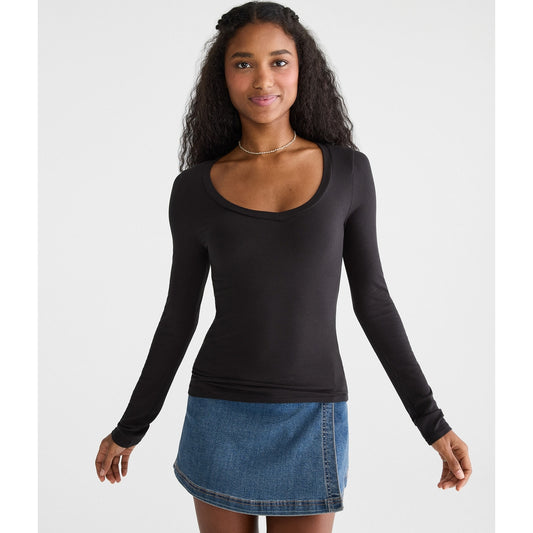 Aeropostale Womens' Long Sleeve Seriously Soft Ribbed V-Neck Baby Tee