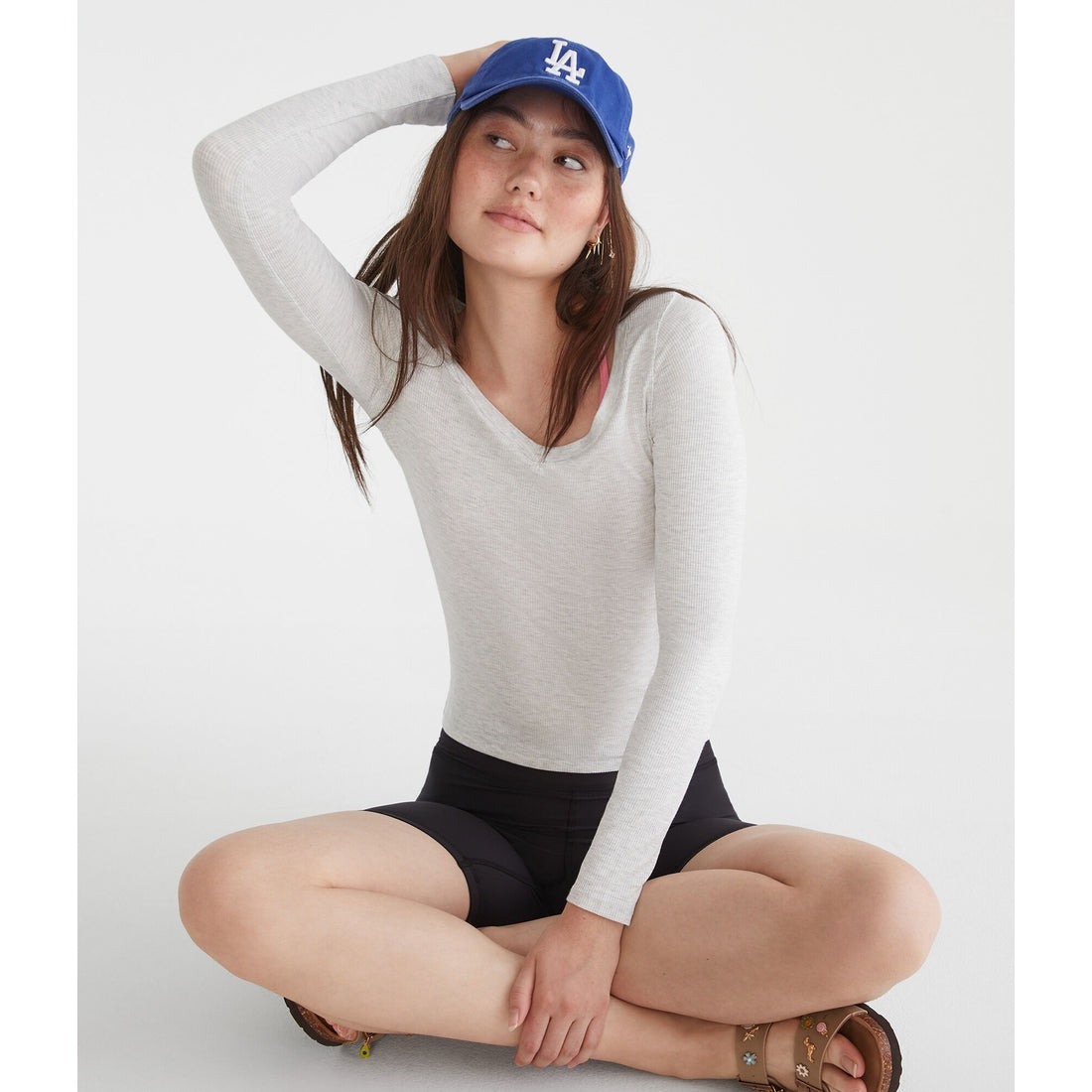 Aeropostale Womens' Long Sleeve Seriously Soft Ribbed V-Neck Baby Tee
