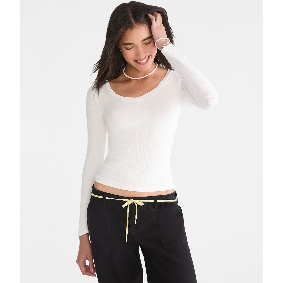 Aeropostale Womens' Long Sleeve Seriously Soft Ribbed V-Neck Baby Tee