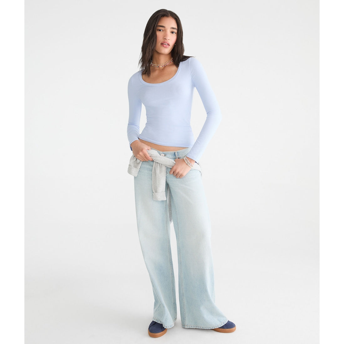 Aeropostale Womens' Long Sleeve Seriously Soft Ribbed V-Neck Baby Tee