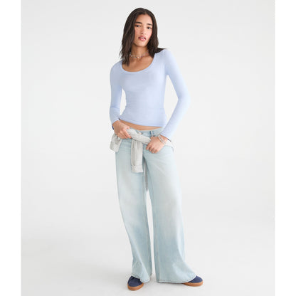 Aeropostale Womens' Long Sleeve Seriously Soft Ribbed V-Neck Baby Tee