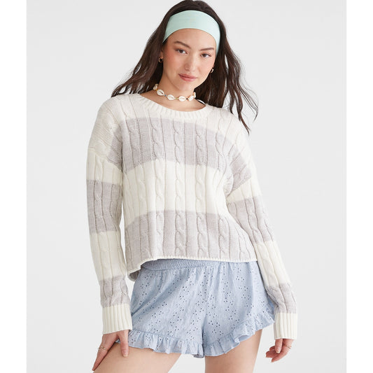 Aeropostale Womens' Striped Cable Cropped Crew Sweater