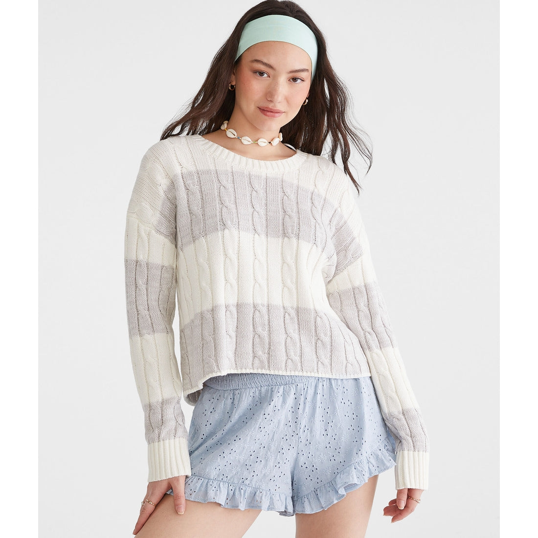 Aeropostale Womens' Striped Cable Cropped Crew Sweater