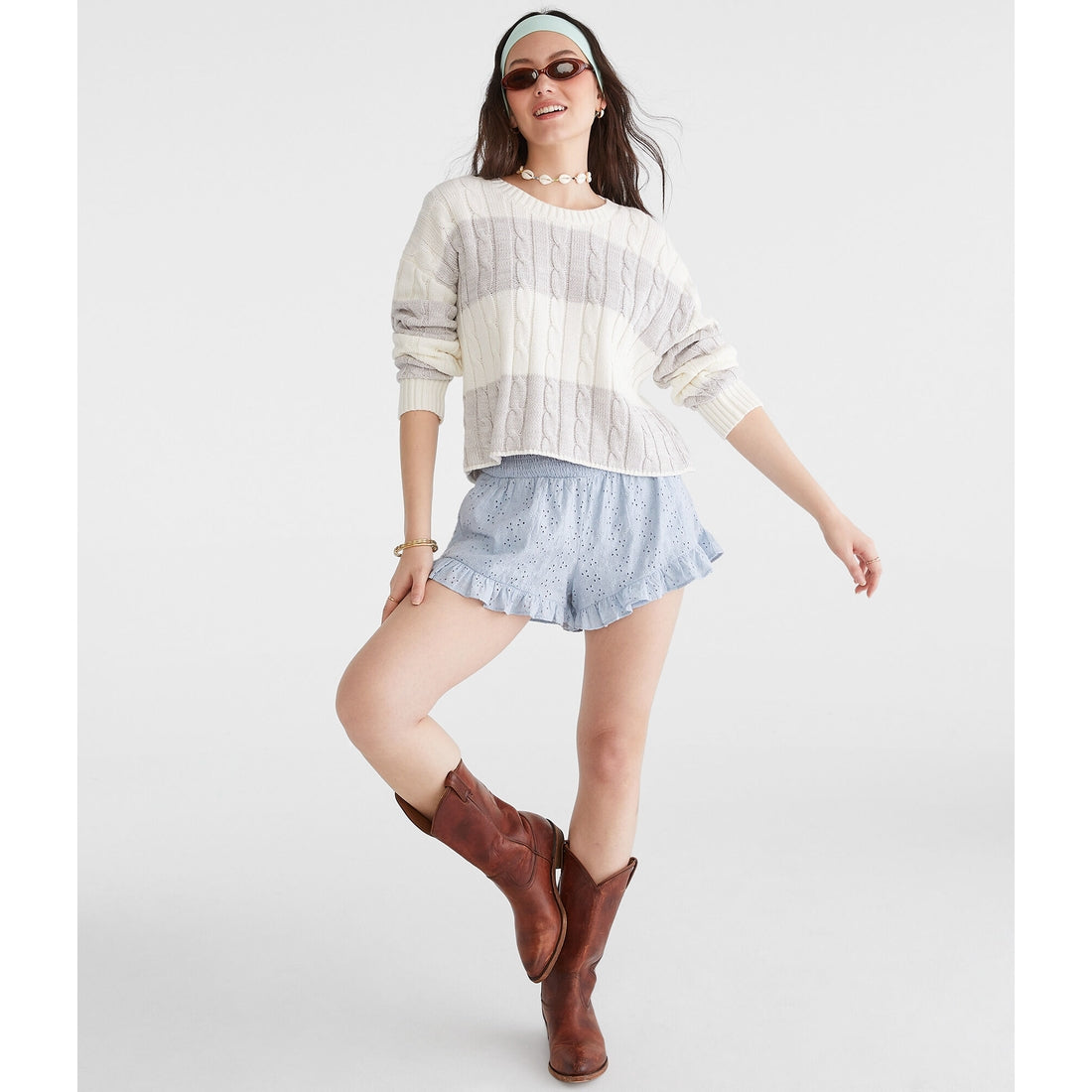 Aeropostale Womens' Striped Cable Cropped Crew Sweater