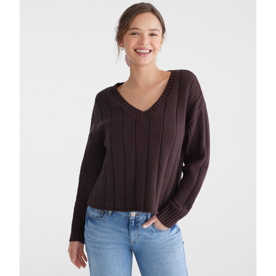 Aeropostale Womens' Ribbed V-Neck Sweater
