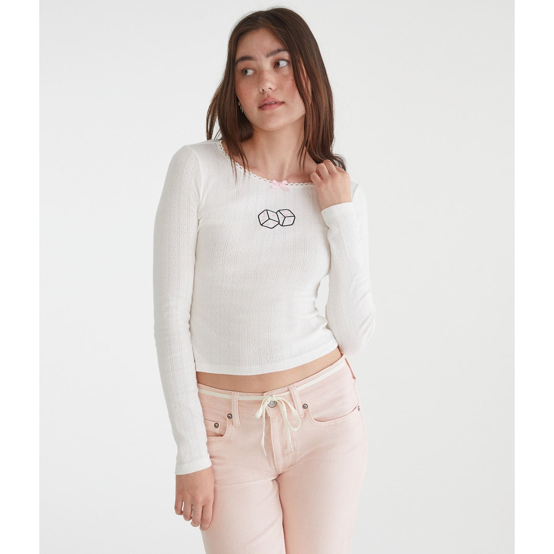 Aeropostale Womens' Long Sleeve Dice Pointelle Baby Tee