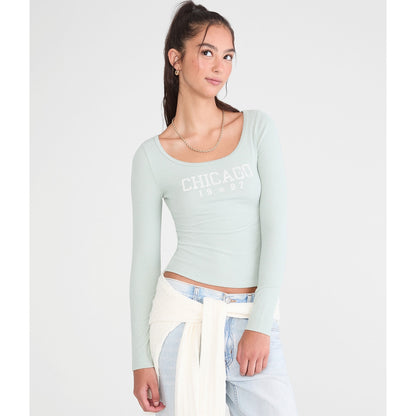 Aeropostale Womens' Long Sleeve Seriously Soft Chicago 1987 Graphic Tee