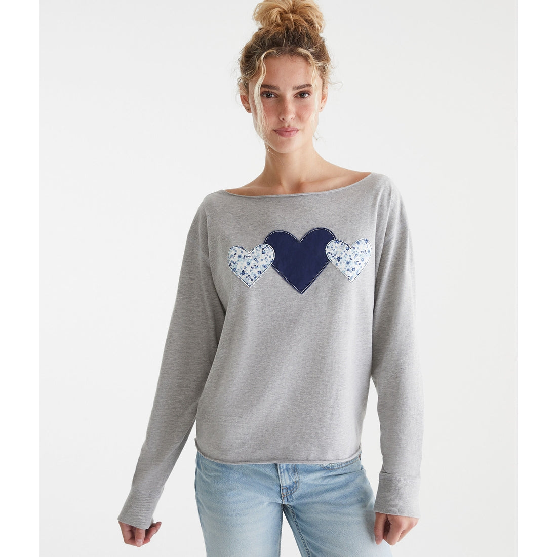 Aeropostale Womens' Long Sleeve Seriously Soft Hearts Off-The-Shoulder Tee