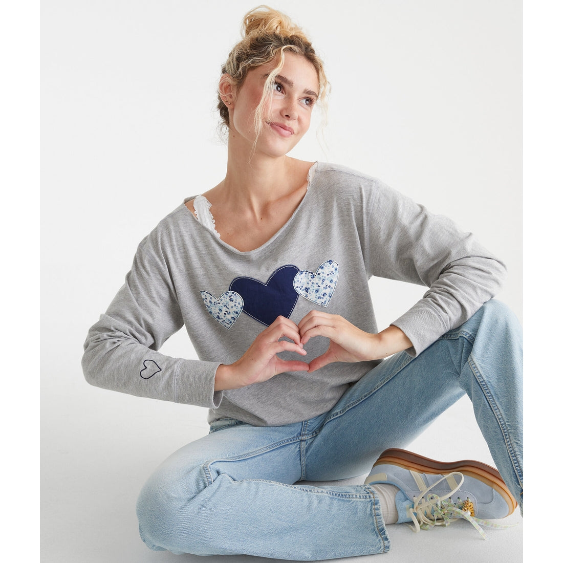 Aeropostale Womens' Long Sleeve Seriously Soft Hearts Off-The-Shoulder Tee
