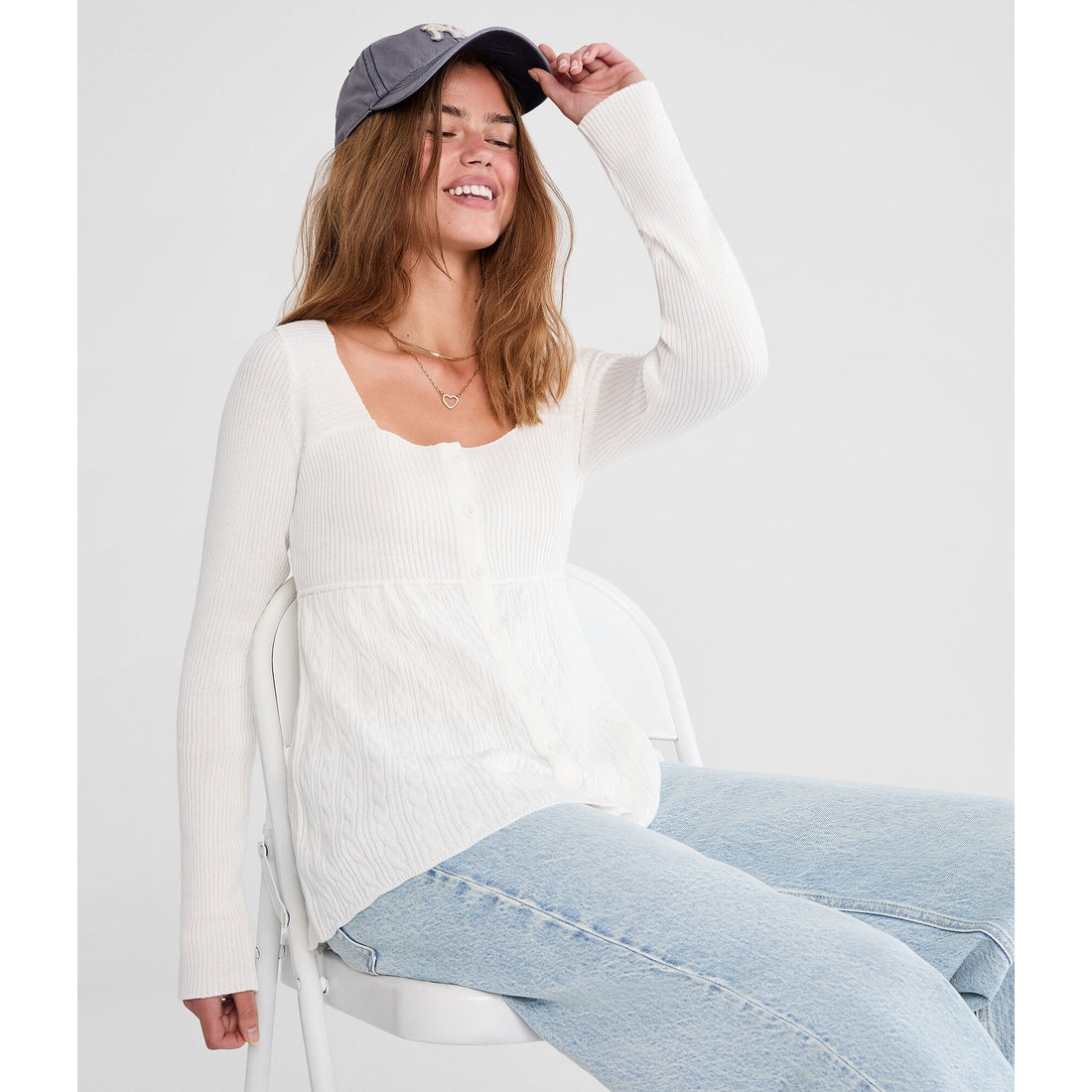 Aeropostale Womens' Cable Square-Neck Babydoll Sweater