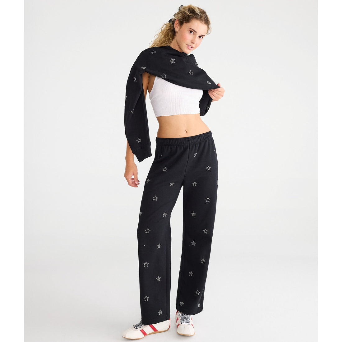 Aeropostale Womens' Cloud Soft Rhinestone Stars High-Rise Wide Leg Sweatpants
