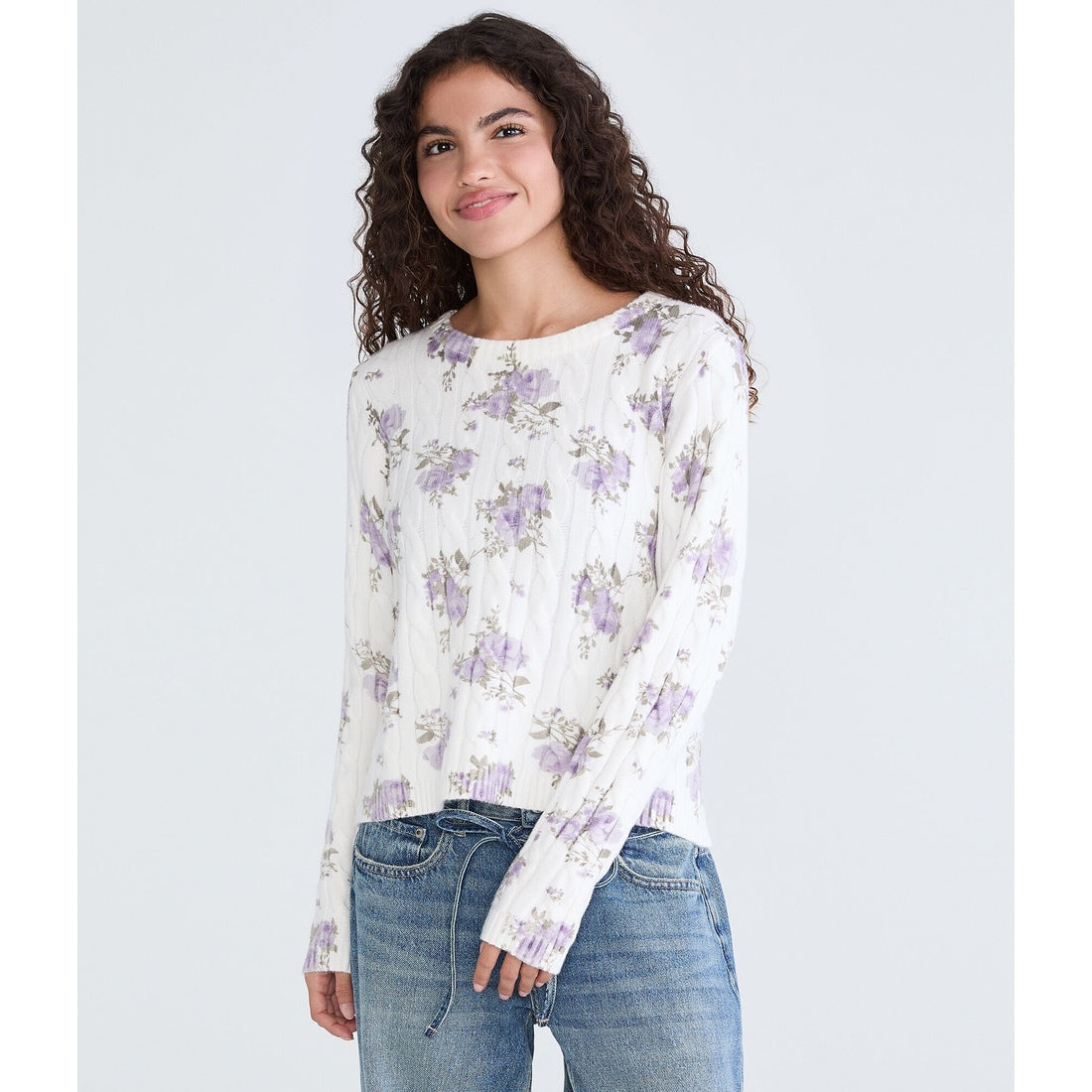 Aeropostale Womens' Floral Cable Knit Crew Sweater