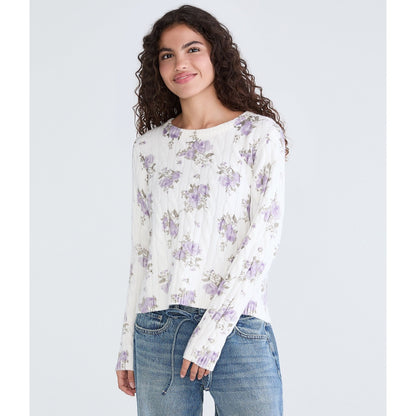 Aeropostale Womens' Floral Cable Knit Crew Sweater