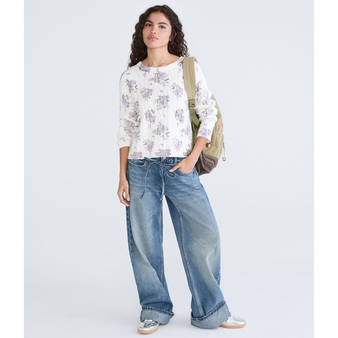 Aeropostale Womens' Floral Cable Knit Crew Sweater