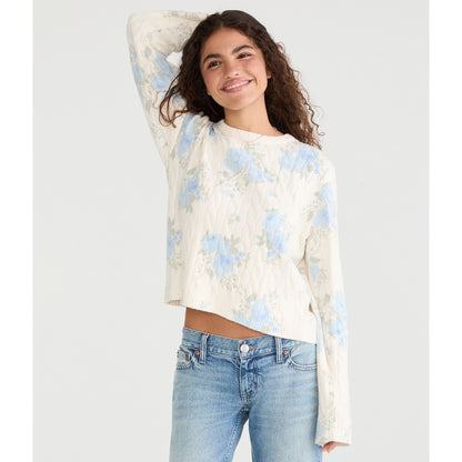 Aeropostale Womens' Floral Cable Knit Crew Sweater