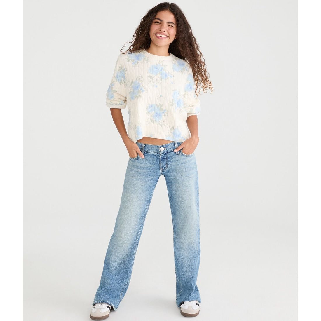 Aeropostale Womens' Floral Cable Knit Crew Sweater