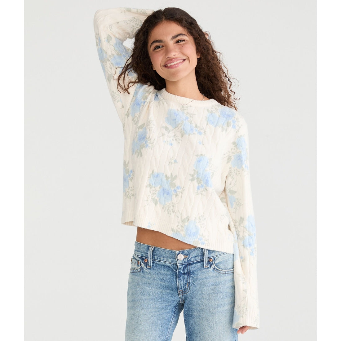 Aeropostale Womens' Floral Cable Knit Crew Sweater