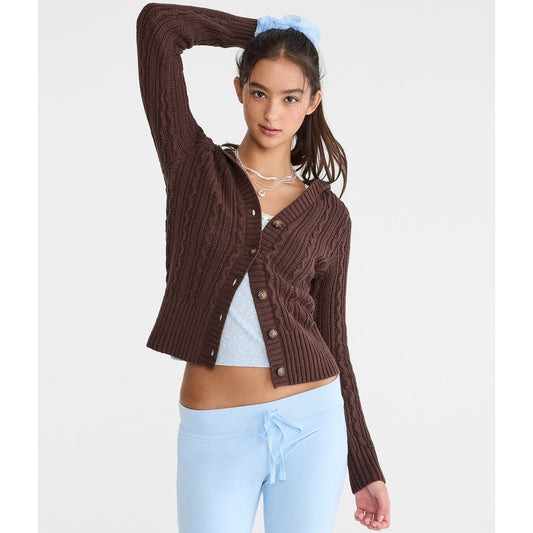 Aeropostale Womens' Cable Knit Hooded Cardigan