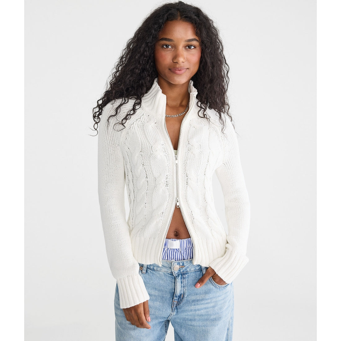 Aeropostale Womens' Cable Mock-Neck Full-Zip Cardigan
