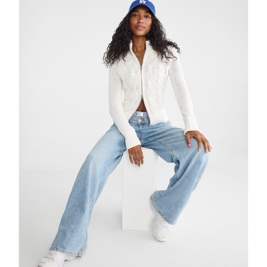 Aeropostale Womens' Cable Mock-Neck Full-Zip Cardigan