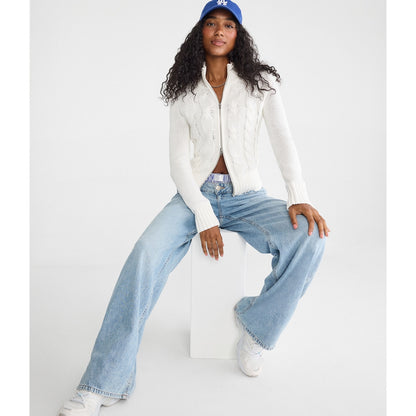Aeropostale Womens' Cable Mock-Neck Full-Zip Cardigan
