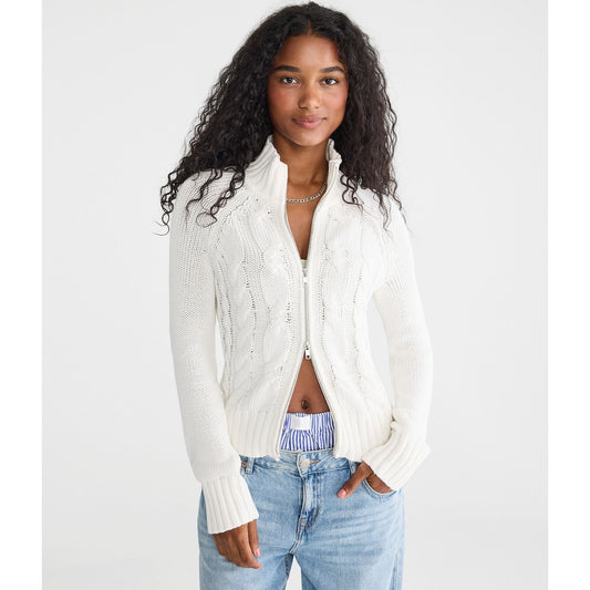 Aeropostale Womens' Cable Mock-Neck Full-Zip Cardigan