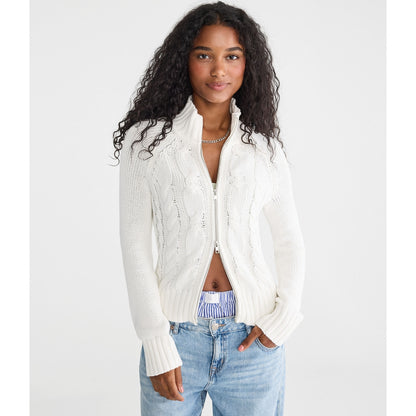 Aeropostale Womens' Cable Mock-Neck Full-Zip Cardigan