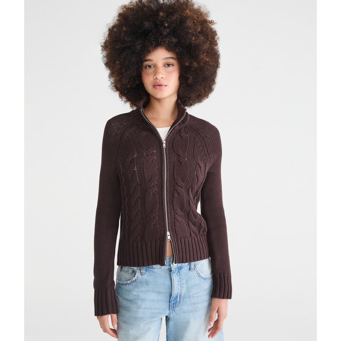 Aeropostale Womens' Cable Mock-Neck Full-Zip Cardigan