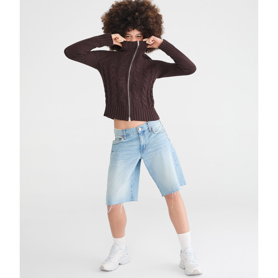 Aeropostale Womens' Cable Mock-Neck Full-Zip Cardigan