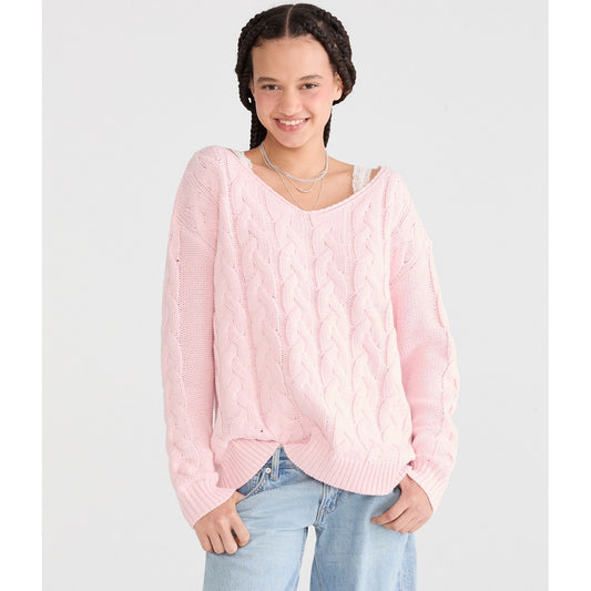 Aeropostale Womens' Slouchy Cable Knit V-Neck Sweater
