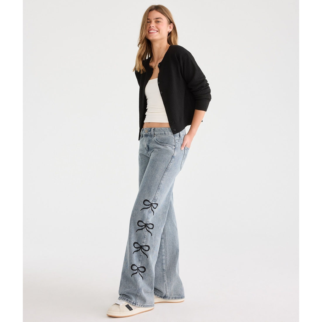 Aeropostale Womens' Low-Rise Baggy Wide Leg Bows Jean