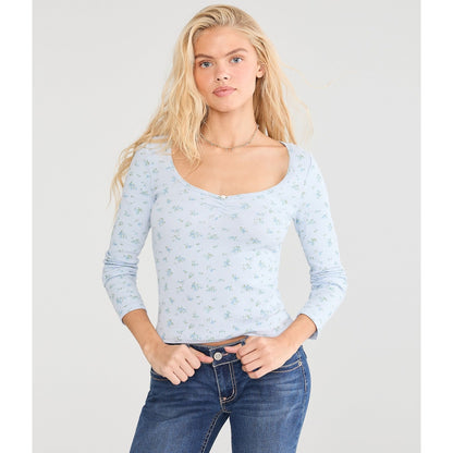 Aeropostale Womens' Long Sleeve Seriously Soft Floral Cinch-Front Tee