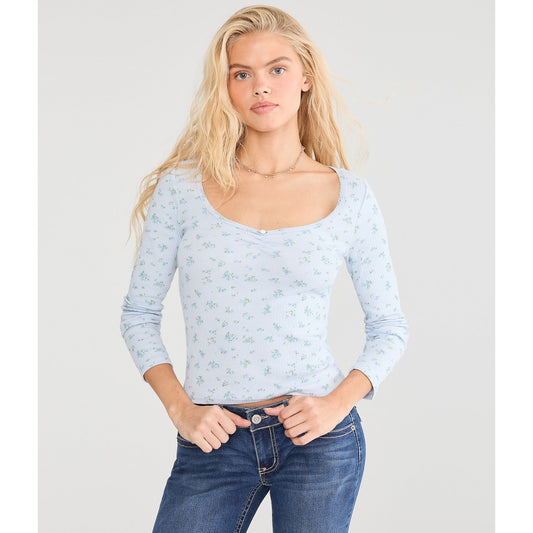 Aeropostale Womens' Long Sleeve Seriously Soft Floral Cinch-Front Tee